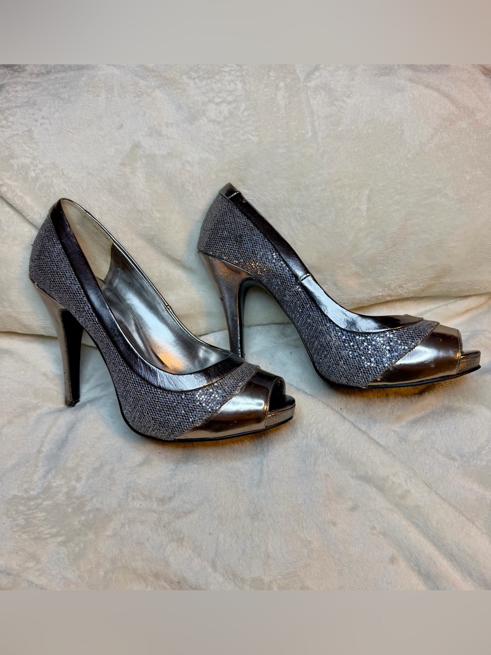 Nine West Gunmetal Sparkle Peep-Toe Stiletto Heels